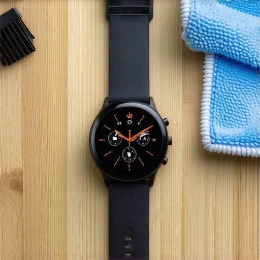 Close-up of a person cleaning the heart rate sensor on the back of a smartwatch with a brush and cloth.