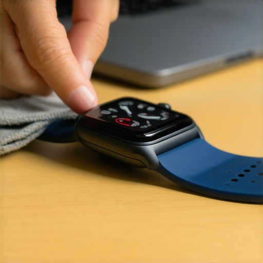 Cleaning a Smartwatch Sensor with Microfiber A person cleaning the green optical heart rate sensor on the back of a smartwatch using a grey microfiber cloth.
