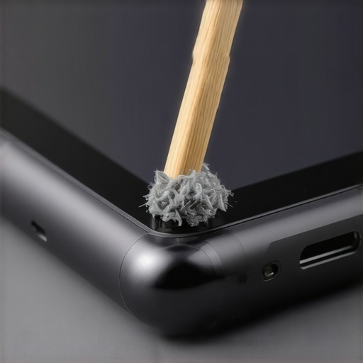 Close-up of a toothpick removing lint from a tablet charging port to fix a wobbly connection.