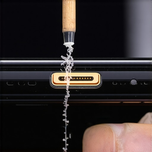 Macro view of a wooden toothpick removing lint from a smartphone charging port to fix a loose connection.