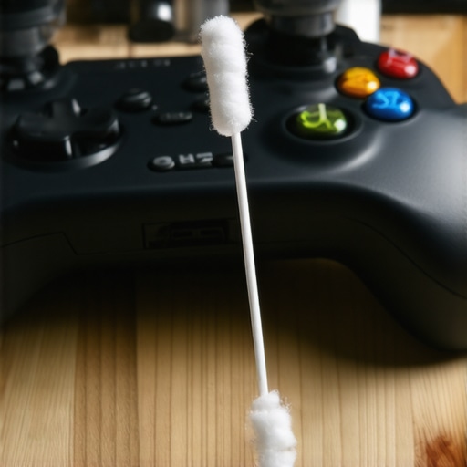 Person cleaning a gaming controller analog stick with a cotton swab and alcohol