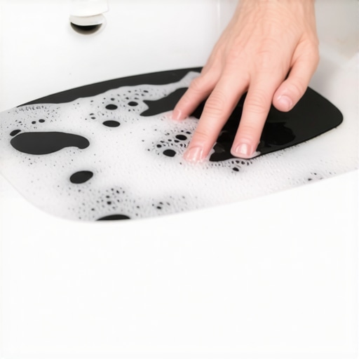 Cleaning a gaming mouse pad in a sink Hands scrubbing a black fabric mouse pad with a sponge in soapy water.