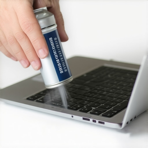 Cleaning a laptop keyboard with compressed air Close-up of using compressed air to remove debris from under laptop keys to improve tactile feedback.
