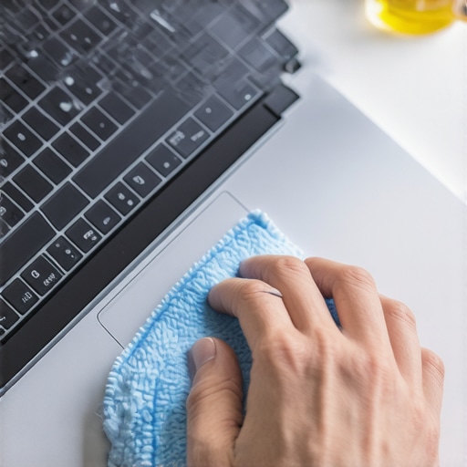 A close-up of a microfiber cloth wiping a laptop trackpad to fix cursor drift issues