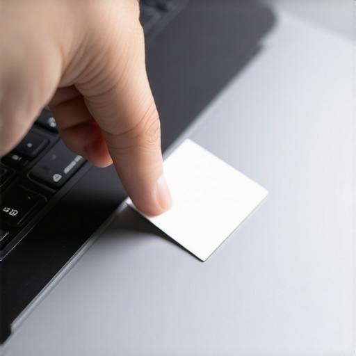 Close-up of a person using a card to remove debris from the edges of a laptop trackpad