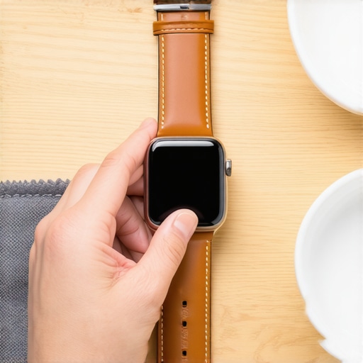 Cleaning a leather watch band correctly A person using a microfiber cloth to clean a leather smartwatch strap.