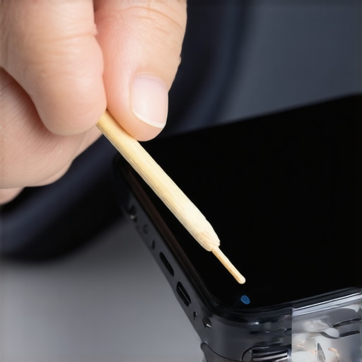 Close-up view of someone cleaning pocket lint out of a smartphone charging port using a non-conductive wooden toothpick.