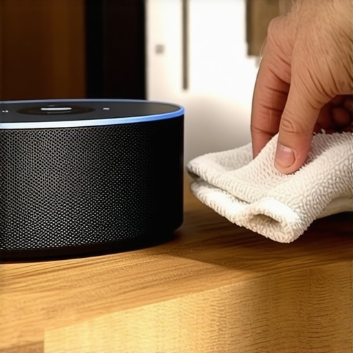 A person cleaning the touch controls of a smart speaker with a microfiber cloth.