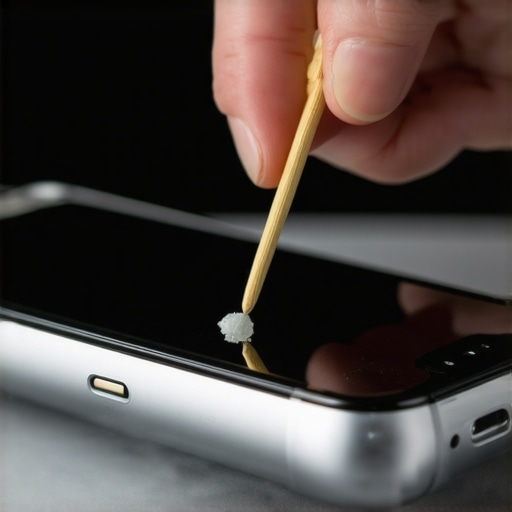 Close-up of cleaning lint from a phone audio port with a toothpick