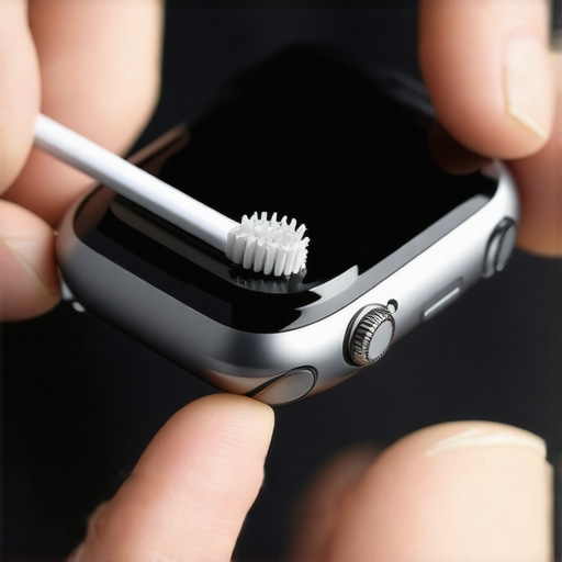 Cleaning a smartwatch clasp for better security A person cleaning a metal watch band clasp with a small brush to remove dirt.