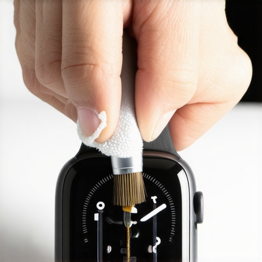 A person using a brush to clean the sensor on the back of a fitness tracker
