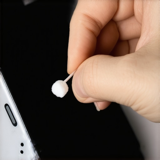 Cleaning a stuck smartphone button with isopropyl alcohol Close-up of cleaning smartphone side buttons with a cotton swab and alcohol to fix stickiness.