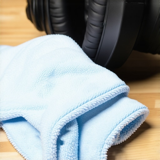 Cleaning gaming headset earcups with microfiber cloth A person using a damp microfiber cloth to clean the synthetic leather ear cushions of a gaming headset