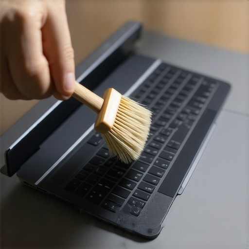 A person using a brush to clean dust out of laptop cooling vents.