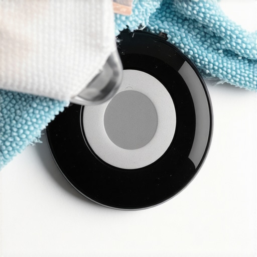 Macro view of cleaning a smart ring with alcohol and microfiber cloth