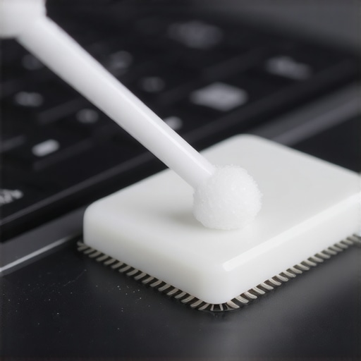 Close-up view of a laptop keyboard key removed for cleaning with a swab.