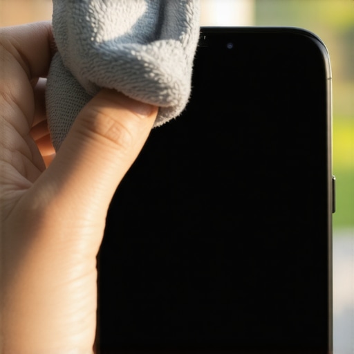 Close up of cleaning a smartphone ambient light sensor with a cloth.