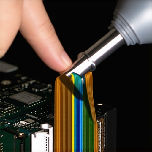 Close-up of a damaged laptop display ribbon cable A frayed internal display cable inside a laptop hinge causing screen blackout issues.