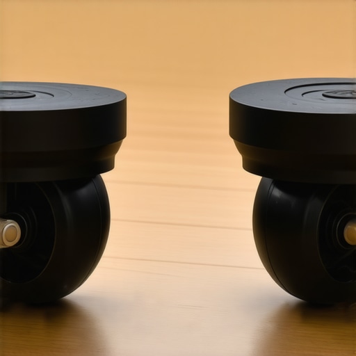 A side-by-side comparison of a high-quality rollerblade-style chair wheel and a cheap plastic wheel on a hardwood floor.