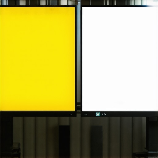 Comparing warm vs cool monitor color temperatures A split view of a yellow tinted monitor next to a color-corrected cool white monitor screen.