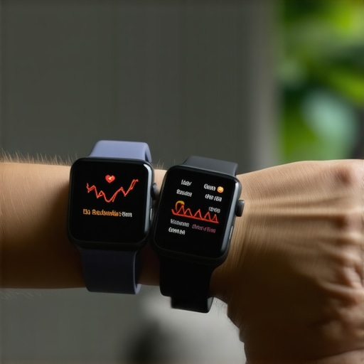 Comparison of conflicting smartwatch data Close-up of two different smartwatches on one wrist showing different fitness metrics.