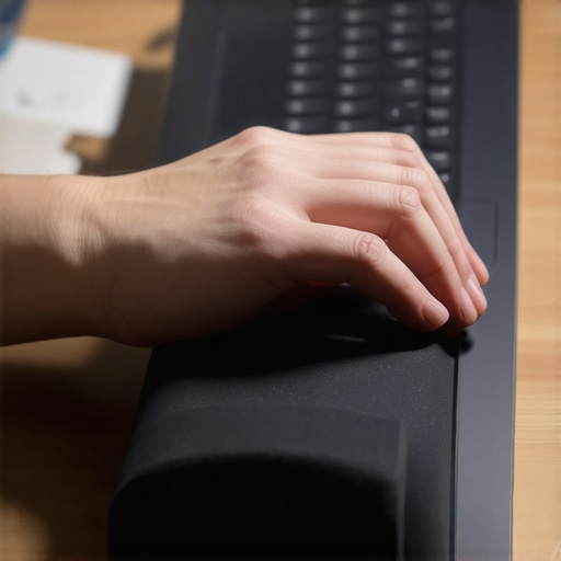 Correct Ergonomic Wrist Alignment A demonstration of a neutral wrist position using a foam wrist rest for typing comfort.