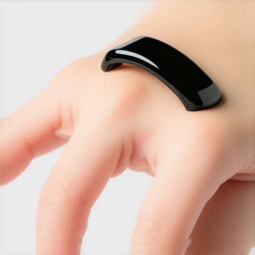 Correct Smart Ring Finger Placement Smart ring correctly positioned on the index finger with sensors facing the palm for accurate tracking.