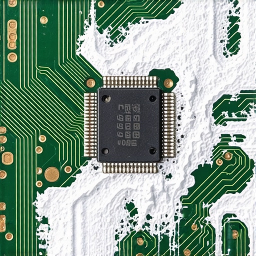 Close-up of mineral deposits and corrosion on a circuit board after liquid damage.