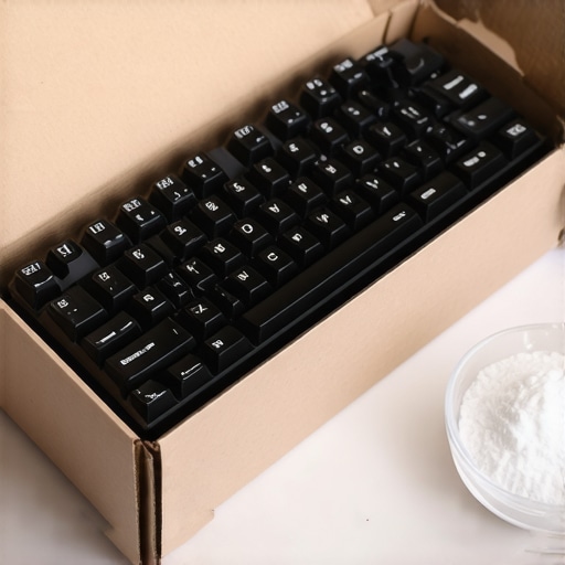 A mechanical keyboard being deodorized inside a box with baking soda to remove factory smells.