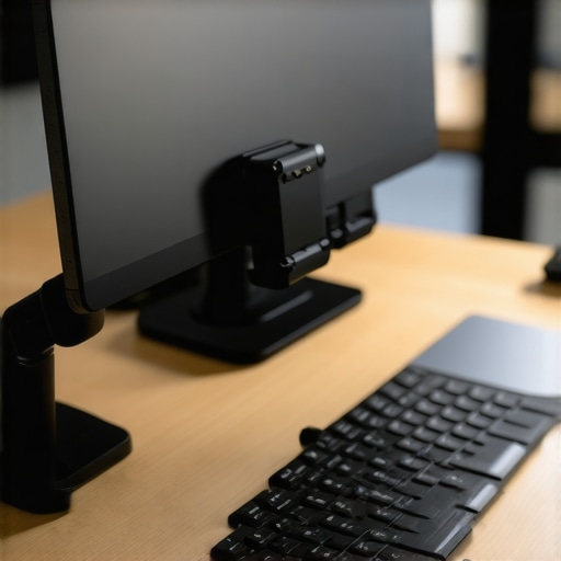 Close-up of a tablet mounted on a VESA monitor arm using an adapter bracket