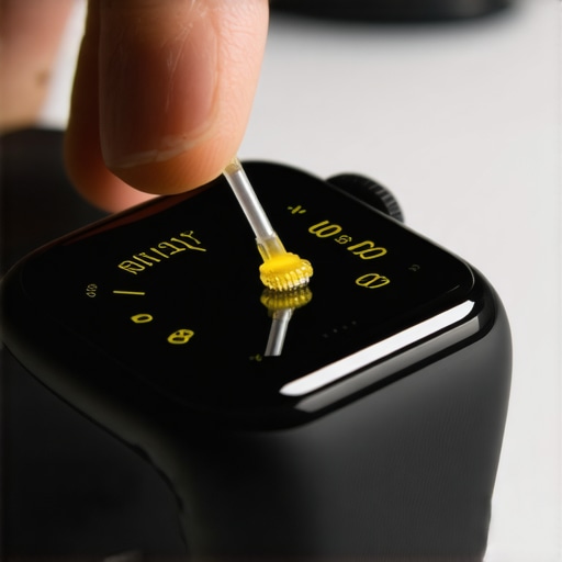 Deep Cleaning Smartwatch Sensors for Better Connectivity Close-up of cleaning charging contacts on a smartwatch with a swab and alcohol.