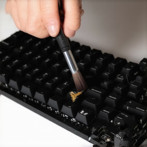 Technician cleaning liquid damage from a mechanical keyboard circuit board using a brush and alcohol.
