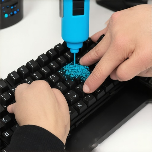 Cleaning compound being applied to a mechanical keyboard to remove hidden dust