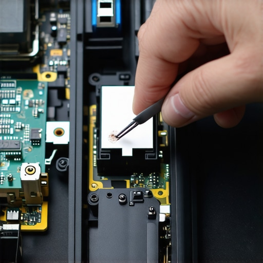 A person using tweezers to clean the internal scroll wheel mechanism of a computer mouse.