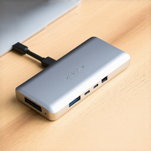 A USB-C hub placed on a hard surface to ensure proper passive cooling and airflow.