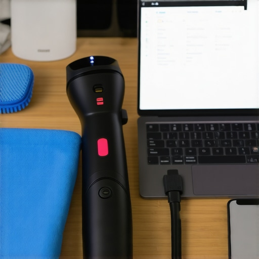 Professional tech maintenance setup including cleaning cloth and diagnostic software