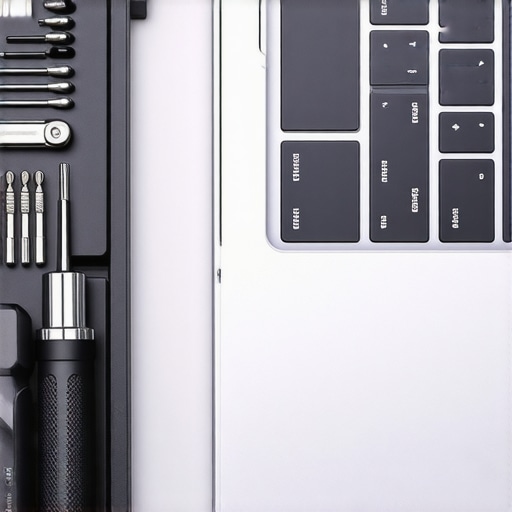 Close up of precision screwdriver bits and a modern laptop trackpad for hardware maintenance.
