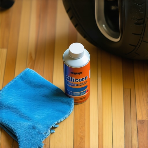 Close up of silicone lubricant and microfiber cloth on hardwood floor for chair wheel maintenance