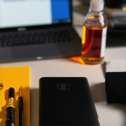 Essential Maintenance Tools for Smart Home and Tech Longevity A collection of tech maintenance tools including a UPS, screwdriver set, and cleaning supplies on a wooden desk.