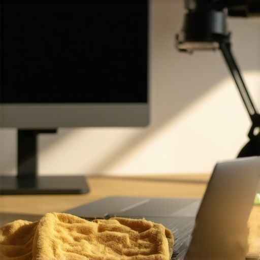 Close up of person cleaning laptop vents and adjusting a monitor arm for better ergonomics.