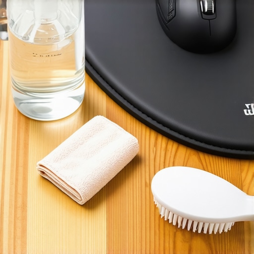 Essential Mouse Pad Maintenance Tools Close up of distilled water bottle and microfiber cloth on a desk