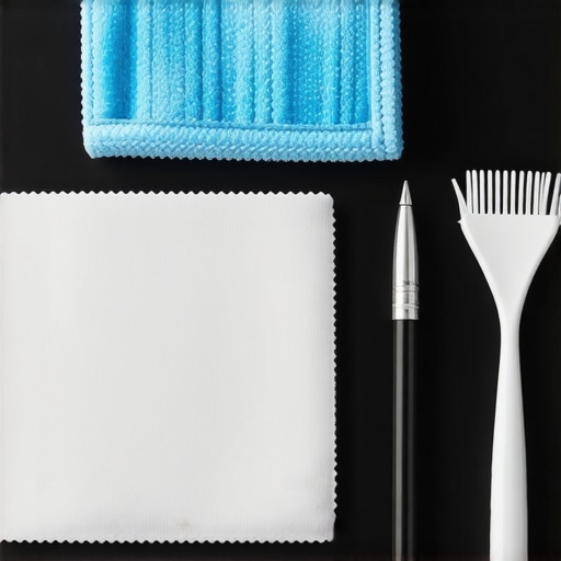Essential Tech Maintenance Cleaning Tools Close up of a cleaning kit for laptops and smartphones including brushes and microfiber cloths