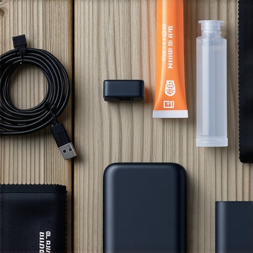 A tech pouch with power bank, cables, and cleaning supplies for maintaining gadgets.