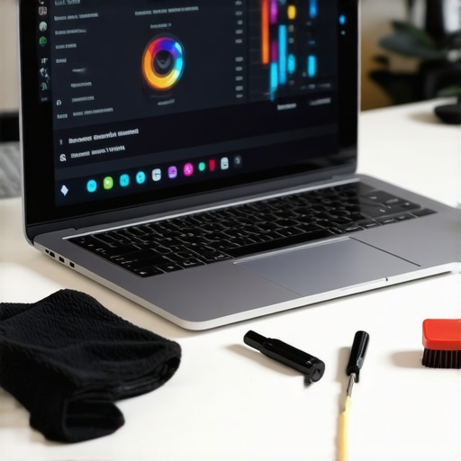 A collection of tech maintenance tools including cleaning brushes and system monitoring software on a laptop screen.