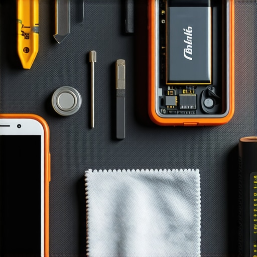 Essential Tech Maintenance Toolkit Close up of a precision toolkit and smartphone being cleaned on a technician's workbench