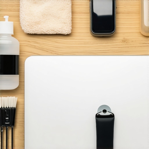 A collection of tools for cleaning and maintaining smartwatches and laptops.