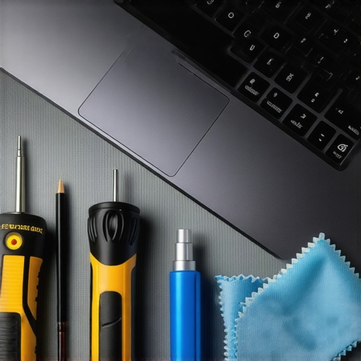 Close up of laptop maintenance tools including screwdriver and compressed air