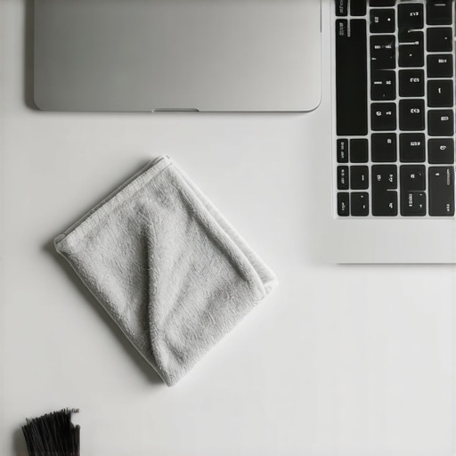 A person cleaning a laptop keyboard with a small brush on a clean wooden desk with microfiber cloth nearby.
