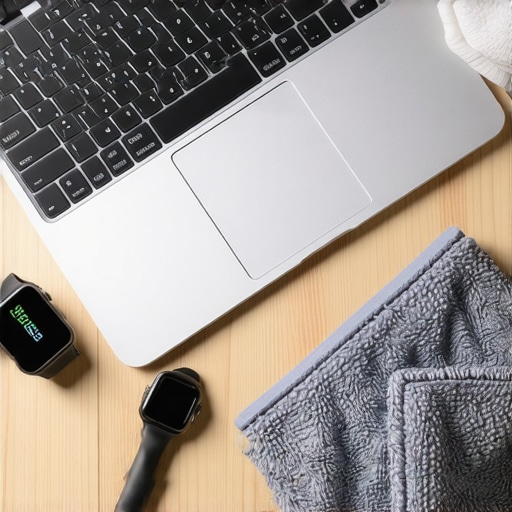 A professional home office setup showing cleaning tools for laptops and wearables.