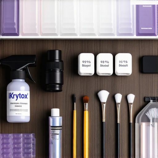 A toolkit featuring electric air duster, lubricants, and brushes for cleaning a mechanical keyboard.